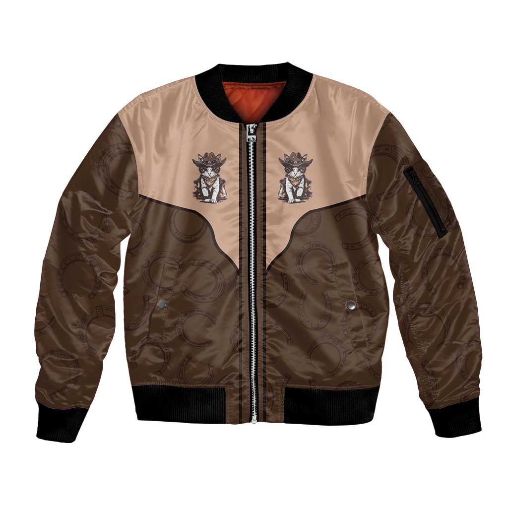 Cowcat Sleeve Zip Bomber Jacket Cowboy Cat Meowdy Retro Western Yoke Brown - Wonder Print Shop
