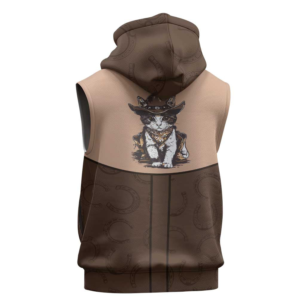 Cowcat Sleeveless Hoodie Cowboy Cat Meowdy Retro Western Yoke Brown - Wonder Print Shop