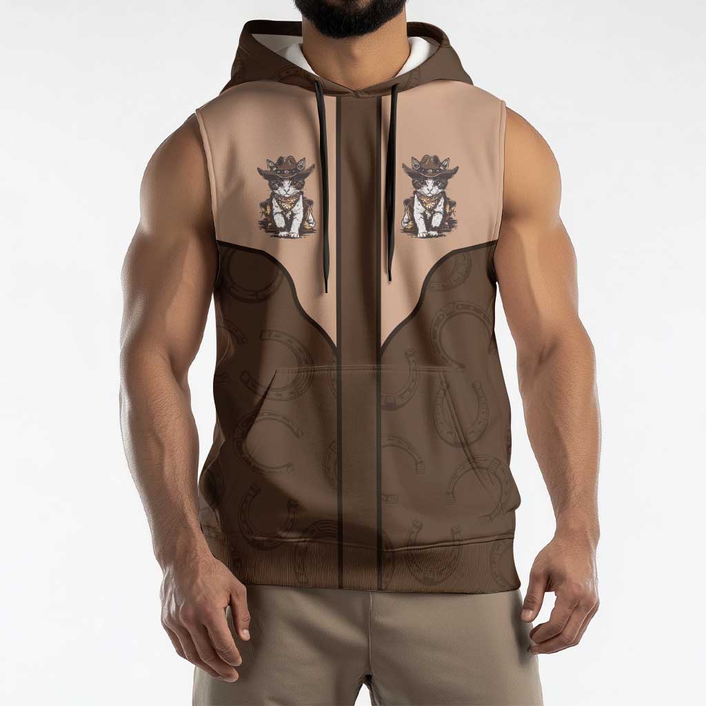 Cowcat Sleeveless Hoodie Cowboy Cat Meowdy Retro Western Yoke Brown - Wonder Print Shop
