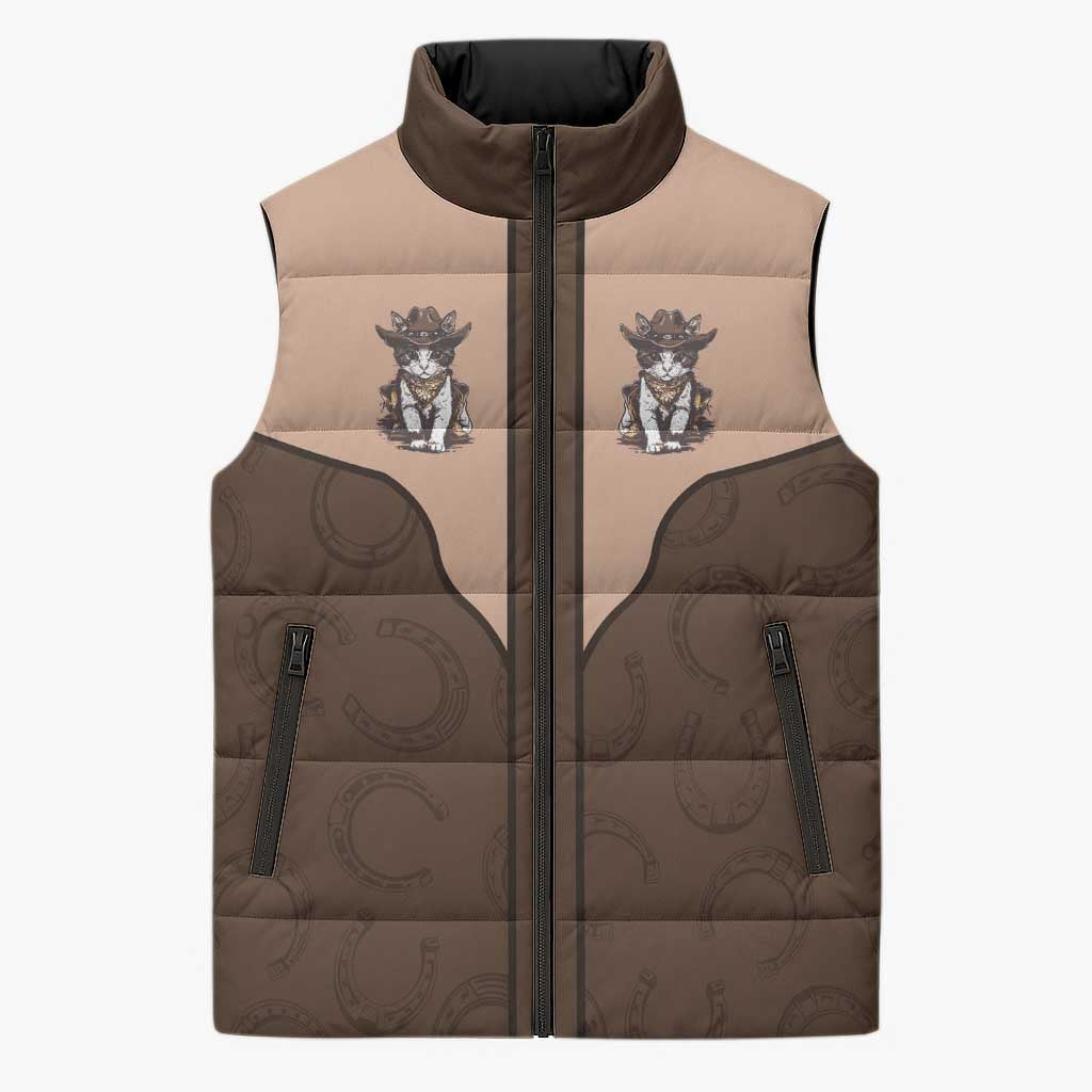 Cowcat Sleeveless Puffer Jacket Cowboy Cat Meowdy Retro Western Yoke Brown - Wonder Print Shop