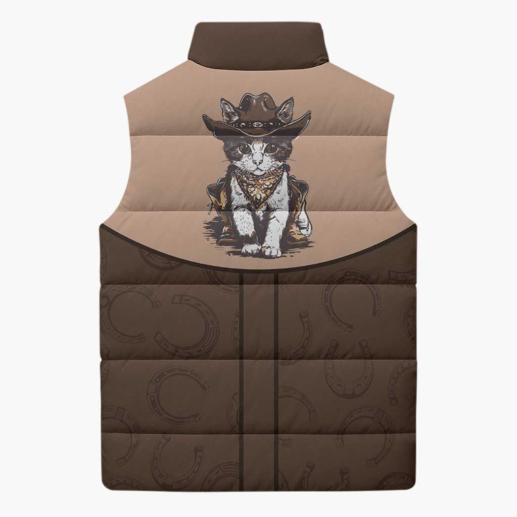 Cowcat Sleeveless Puffer Jacket Cowboy Cat Meowdy Retro Western Yoke Brown - Wonder Print Shop