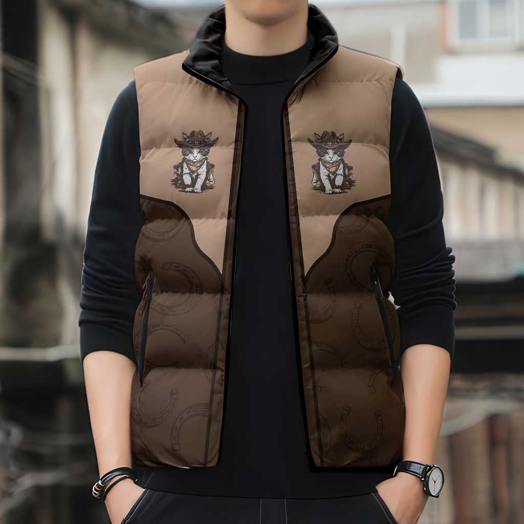 Cowcat Sleeveless Puffer Jacket Cowboy Cat Meowdy Retro Western Yoke Brown - Wonder Print Shop