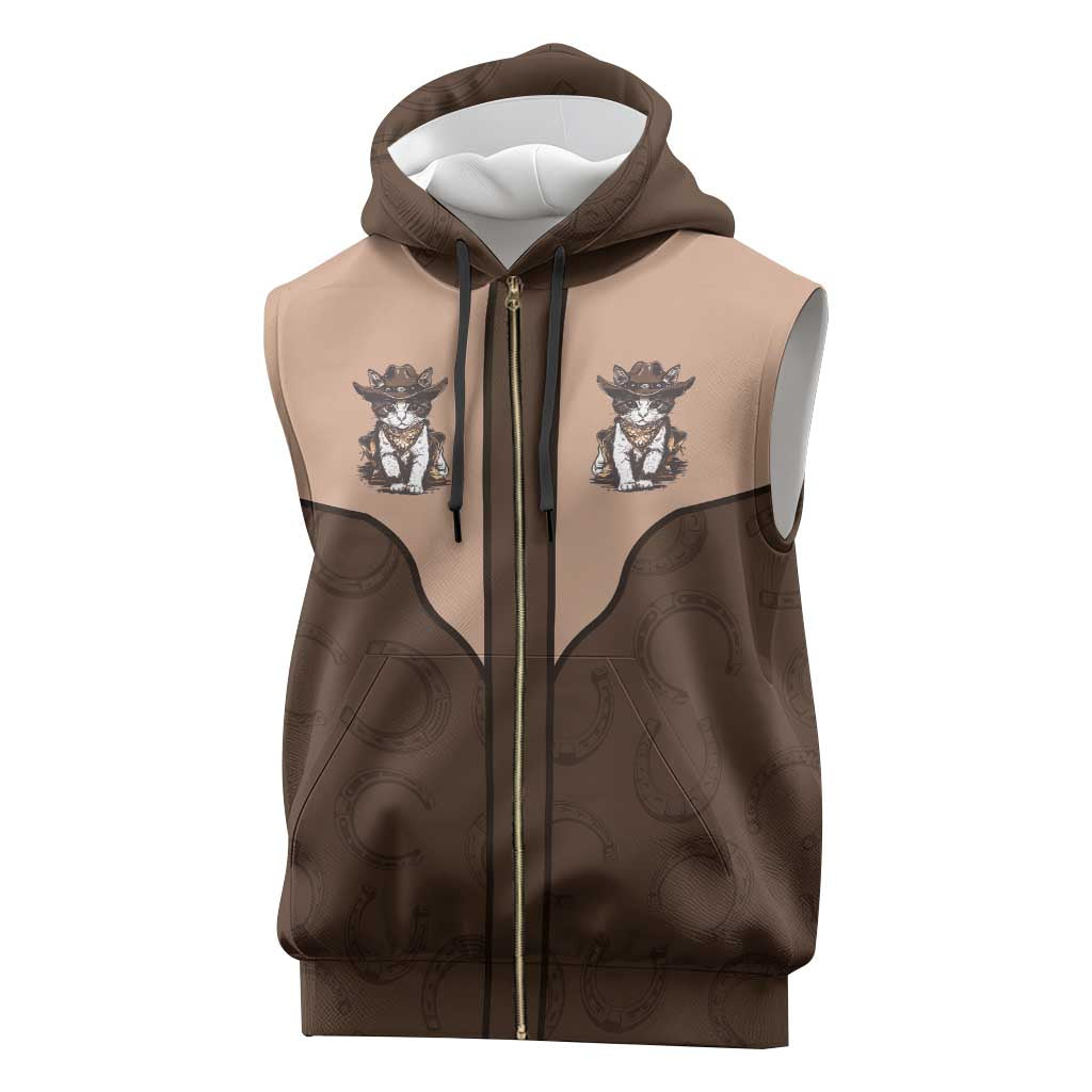Cowcat Sleeveless Zip Hoodie Cowboy Cat Meowdy Retro Western Yoke Brown - Wonder Print Shop