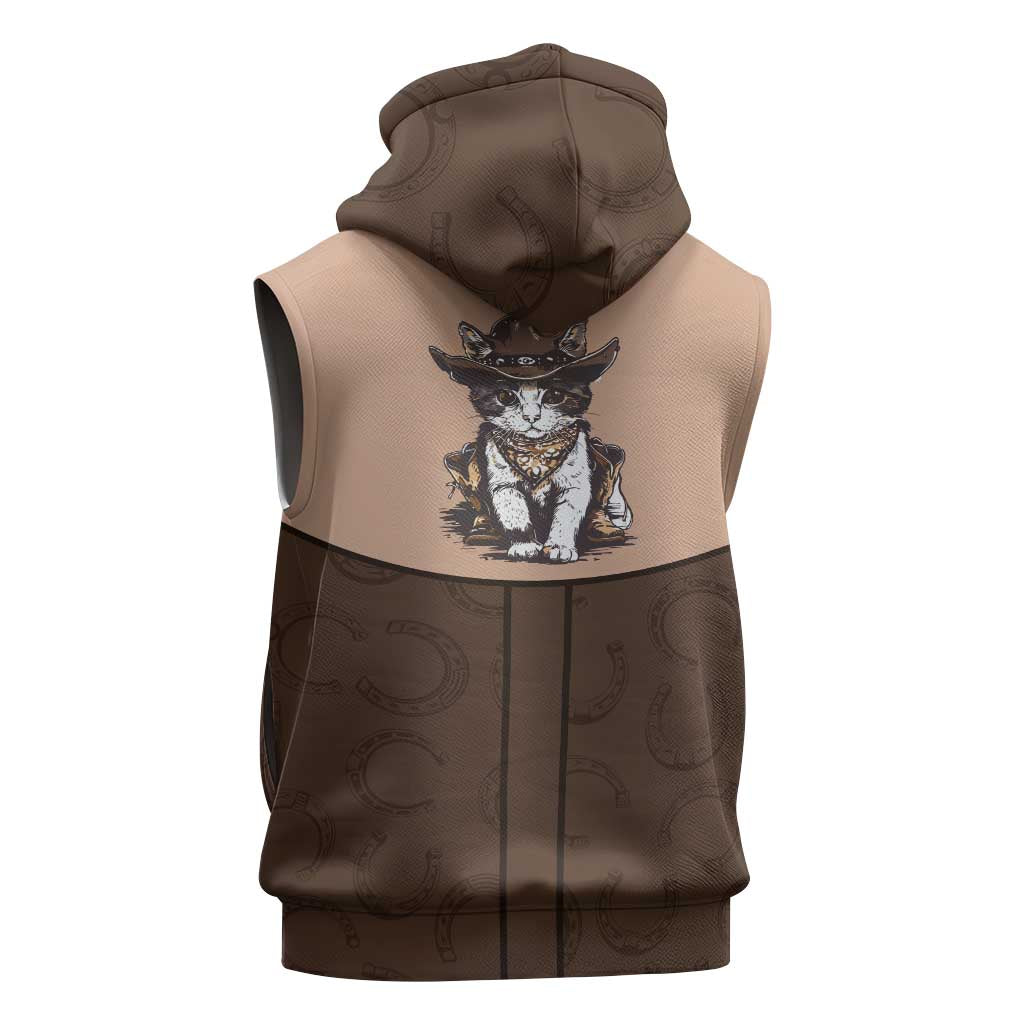 Cowcat Sleeveless Zip Hoodie Cowboy Cat Meowdy Retro Western Yoke Brown - Wonder Print Shop