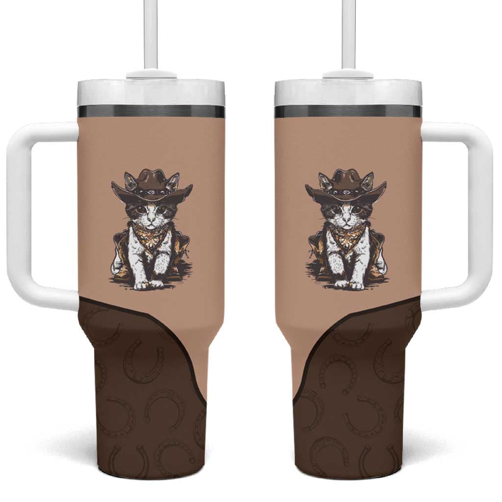 Cowcat Tumbler With Handle Cowboy Cat Meowdy Retro Western Yoke Brown - Wonder Print Shop