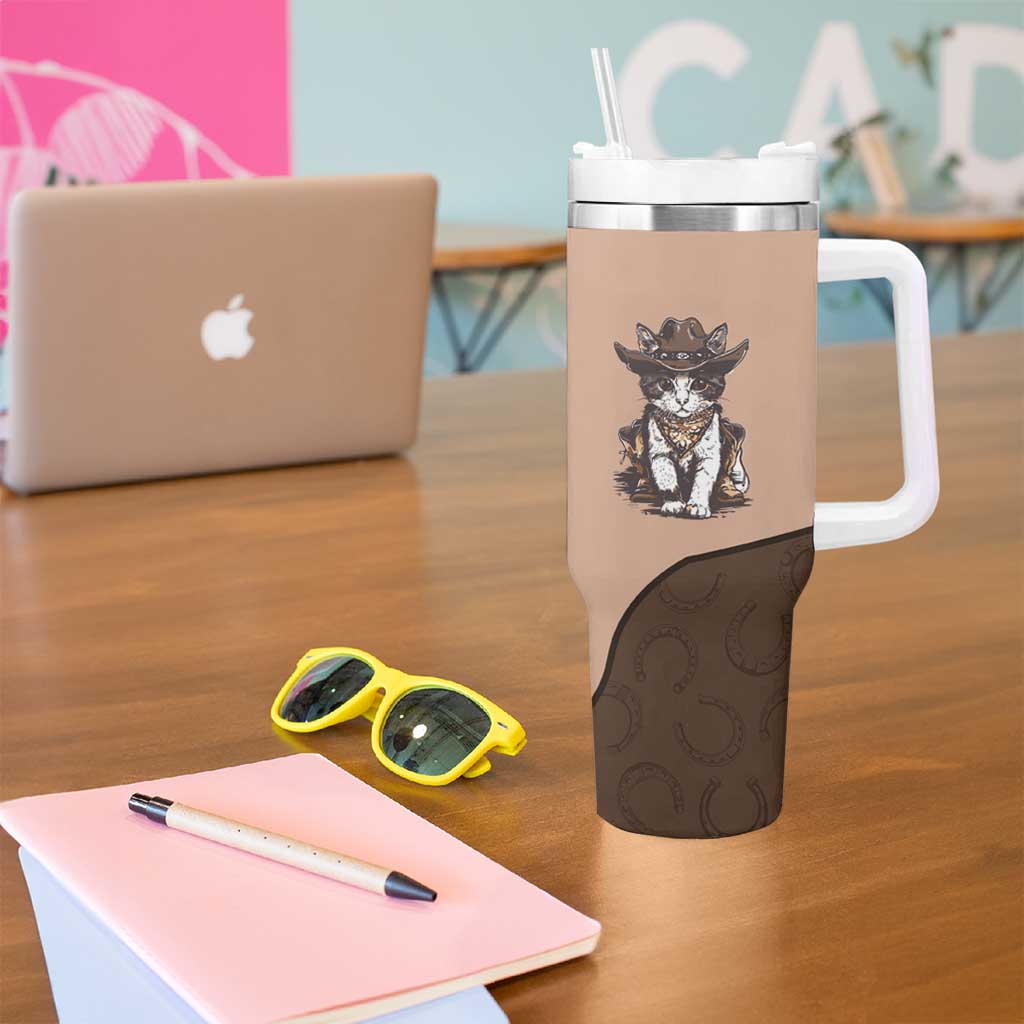 Cowcat Tumbler With Handle Cowboy Cat Meowdy Retro Western Yoke Brown - Wonder Print Shop