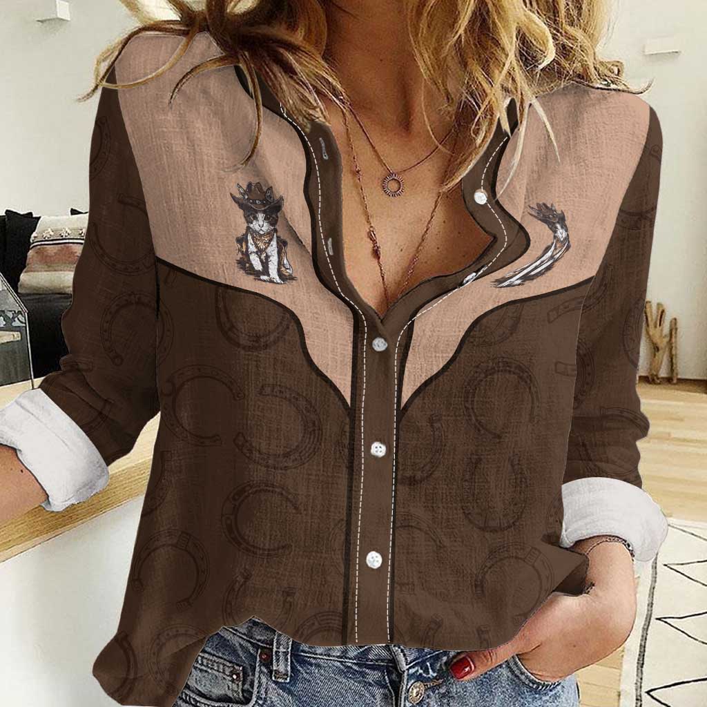 Cowcat Women Casual Shirt Cowboy Cat Meowdy Retro Western Yoke Brown - Wonder Print Shop