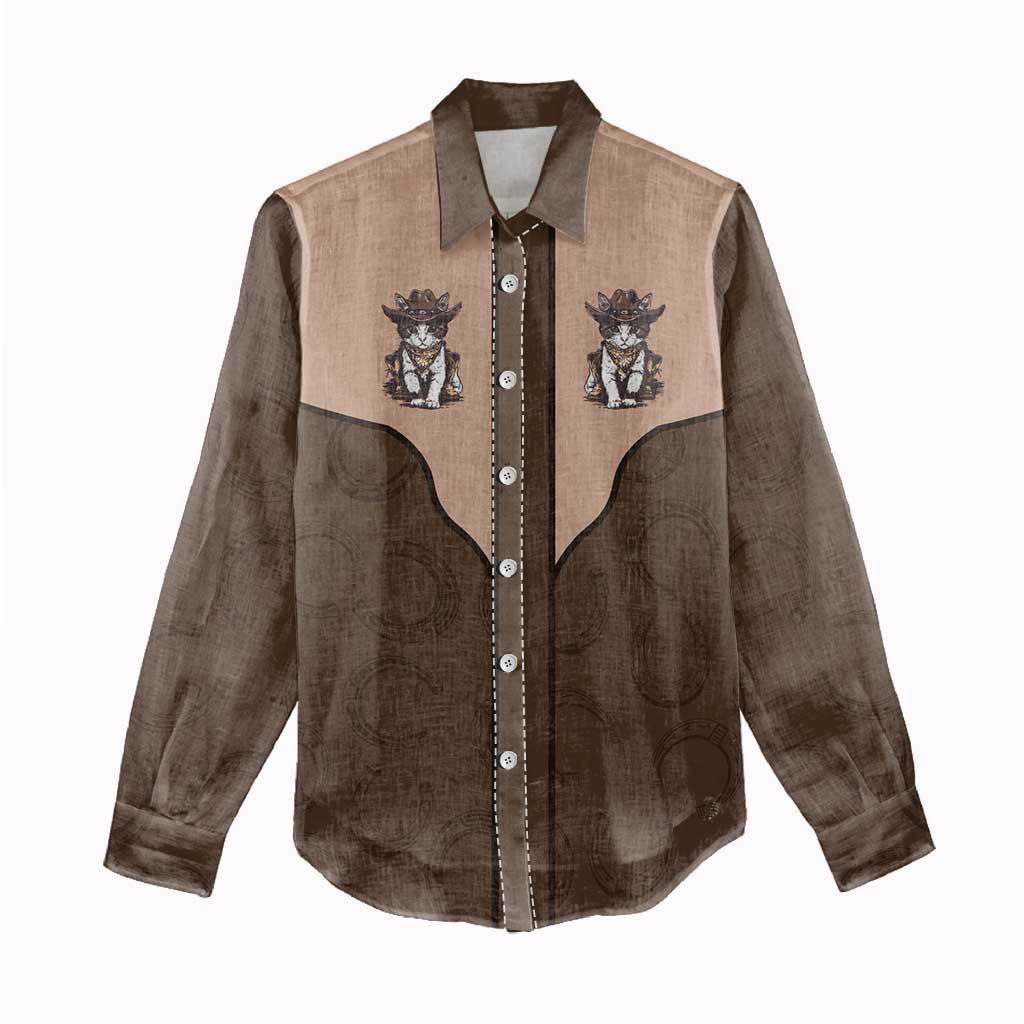 Cowcat Women Casual Shirt Cowboy Cat Meowdy Retro Western Yoke Brown - Wonder Print Shop