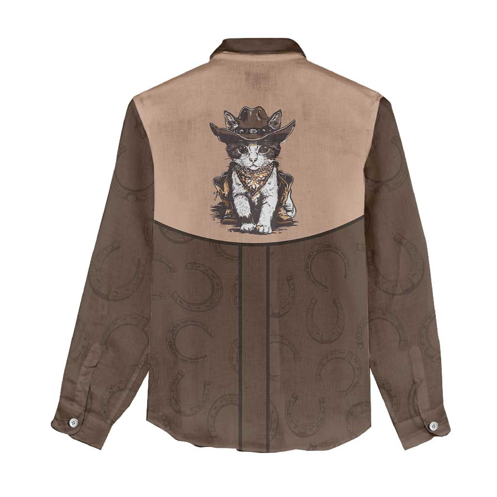 Cowcat Women Casual Shirt Cowboy Cat Meowdy Retro Western Yoke Brown - Wonder Print Shop
