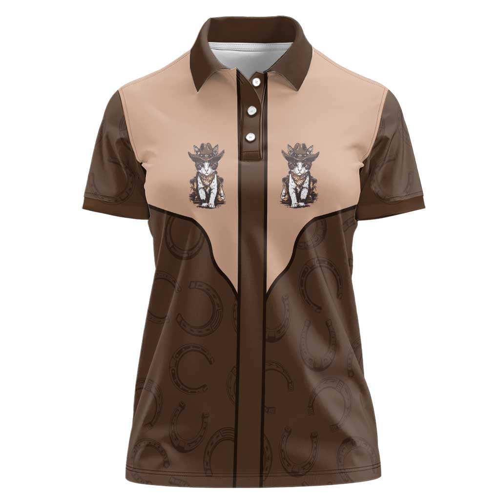 Cowcat Women Polo Shirt Cowboy Cat Meowdy Retro Western Yoke Brown - Wonder Print Shop