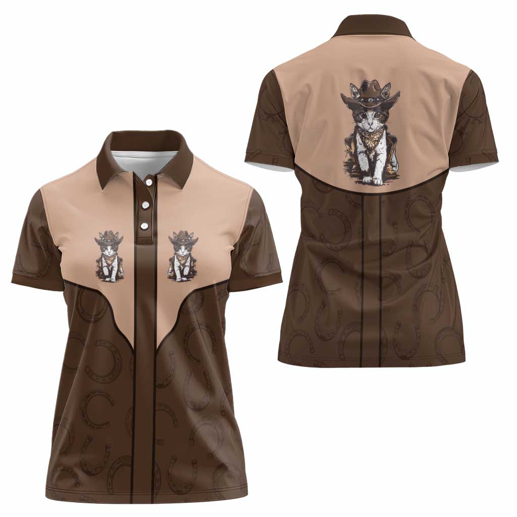 Cowcat Women Polo Shirt Cowboy Cat Meowdy Retro Western Yoke Brown - Wonder Print Shop