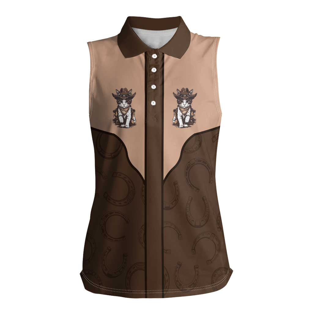 Cowcat Women Sleeveless Polo Shirt Cowboy Cat Meowdy Retro Western Yoke Brown - Wonder Print Shop