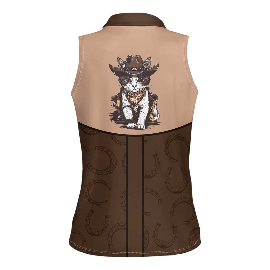 Cowcat Women Sleeveless Polo Shirt Cowboy Cat Meowdy Retro Western Yoke Brown - Wonder Print Shop