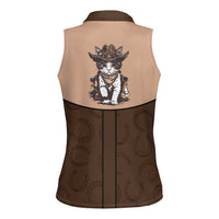 Cowcat Women Sleeveless Polo Shirt Cowboy Cat Meowdy Retro Western Yoke Brown - Wonder Print Shop