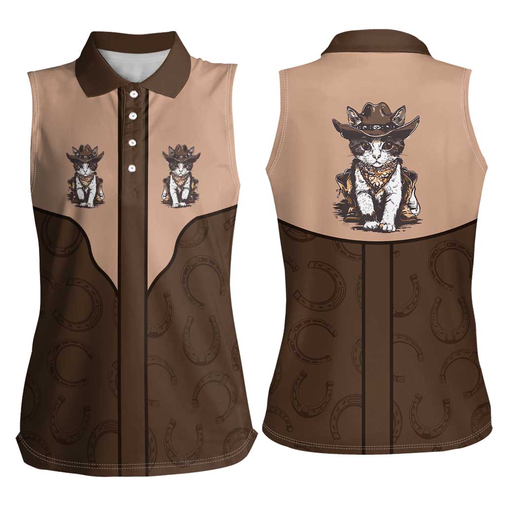 Cowcat Women Sleeveless Polo Shirt Cowboy Cat Meowdy Retro Western Yoke Brown - Wonder Print Shop