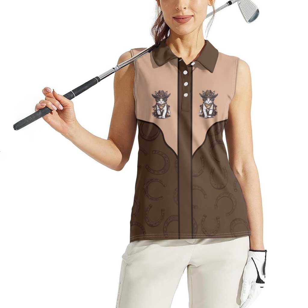 Cowcat Women Sleeveless Polo Shirt Cowboy Cat Meowdy Retro Western Yoke Brown - Wonder Print Shop