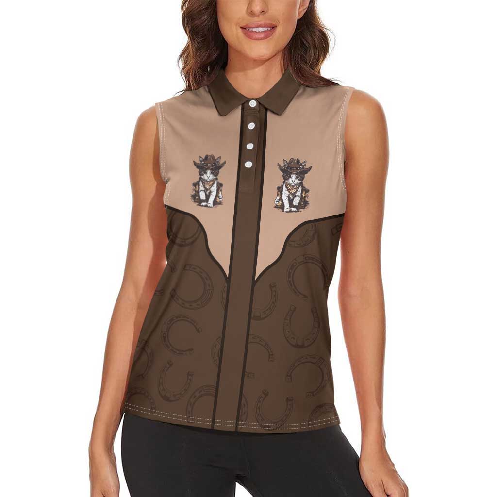Cowcat Women Sleeveless Polo Shirt Cowboy Cat Meowdy Retro Western Yoke Brown - Wonder Print Shop