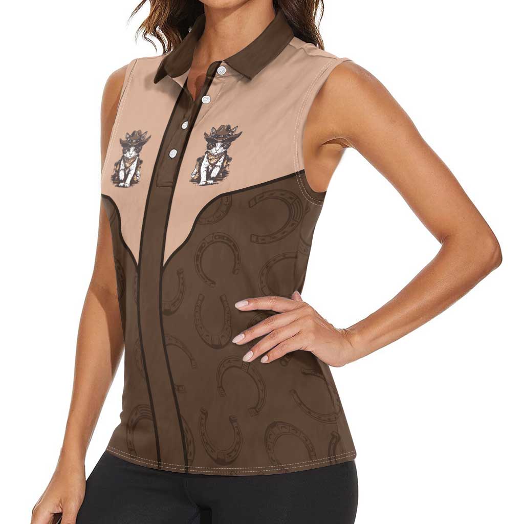 Cowcat Women Sleeveless Polo Shirt Cowboy Cat Meowdy Retro Western Yoke Brown - Wonder Print Shop
