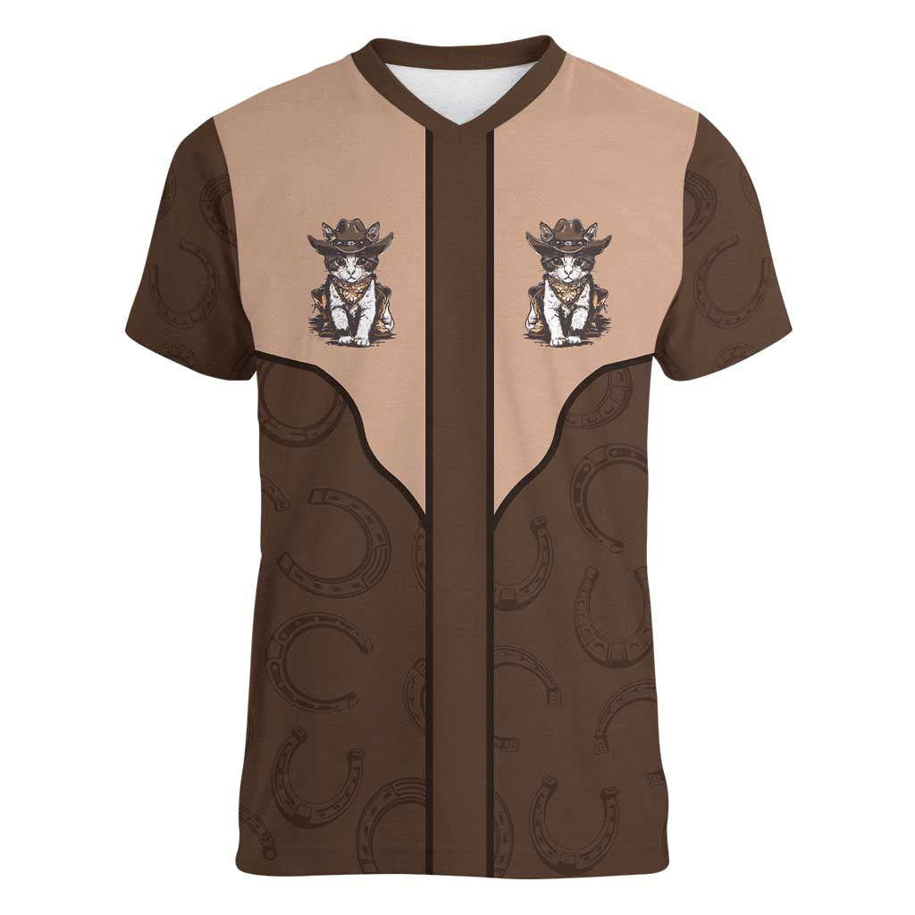 Cowcat Women V-Neck T-Shirt Cowboy Cat Meowdy Retro Western Yoke Brown - Wonder Print Shop
