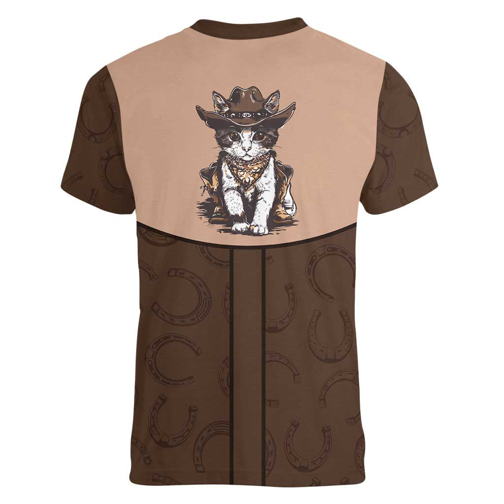 Cowcat Women V-Neck T-Shirt Cowboy Cat Meowdy Retro Western Yoke Brown - Wonder Print Shop