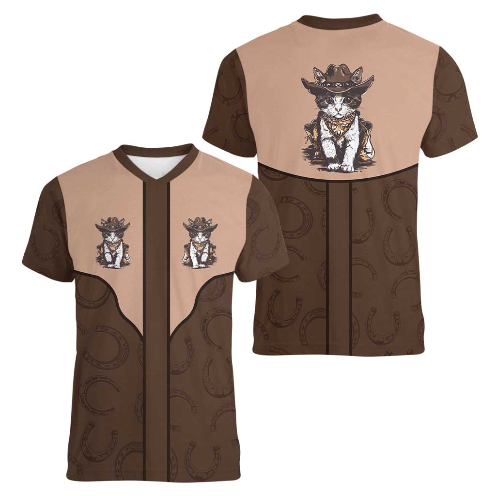 Cowcat Women V-Neck T-Shirt Cowboy Cat Meowdy Retro Western Yoke Brown - Wonder Print Shop