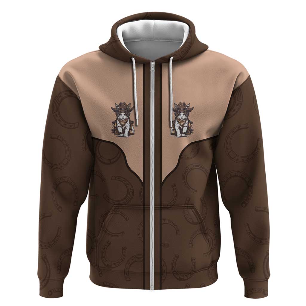 Cowcat Zip Hoodie Cowboy Cat Meowdy Retro Western Yoke Brown - Wonder Print Shop