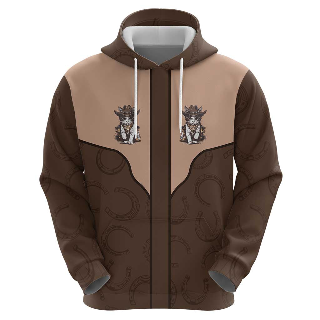 Cowcat Zip Hoodie Cowboy Cat Meowdy Retro Western Yoke Brown - Wonder Print Shop