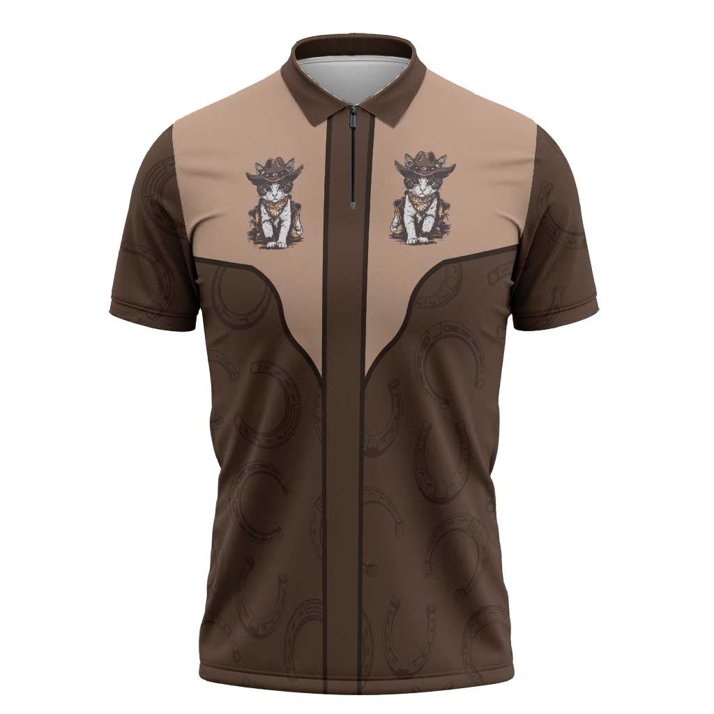 Cowcat Zipper Polo Shirt Cowboy Cat Meowdy Retro Western Yoke Brown - Wonder Print Shop