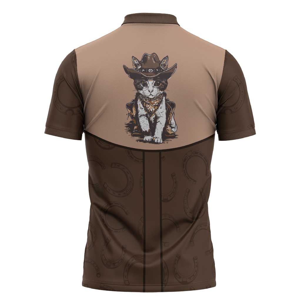 Cowcat Zipper Polo Shirt Cowboy Cat Meowdy Retro Western Yoke Brown - Wonder Print Shop