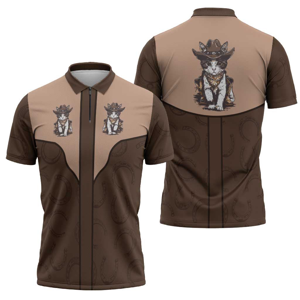Cowcat Zipper Polo Shirt Cowboy Cat Meowdy Retro Western Yoke Brown - Wonder Print Shop