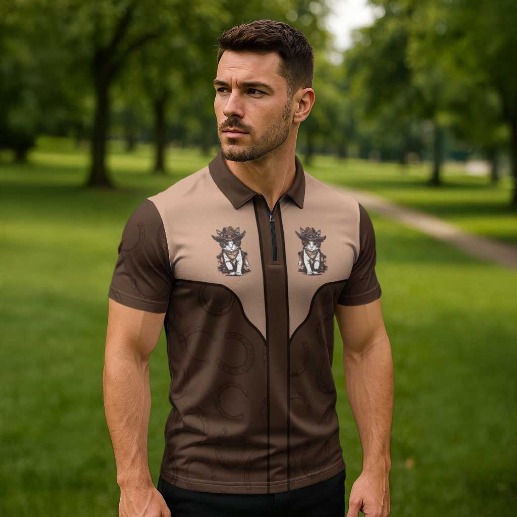 Cowcat Zipper Polo Shirt Cowboy Cat Meowdy Retro Western Yoke Brown - Wonder Print Shop