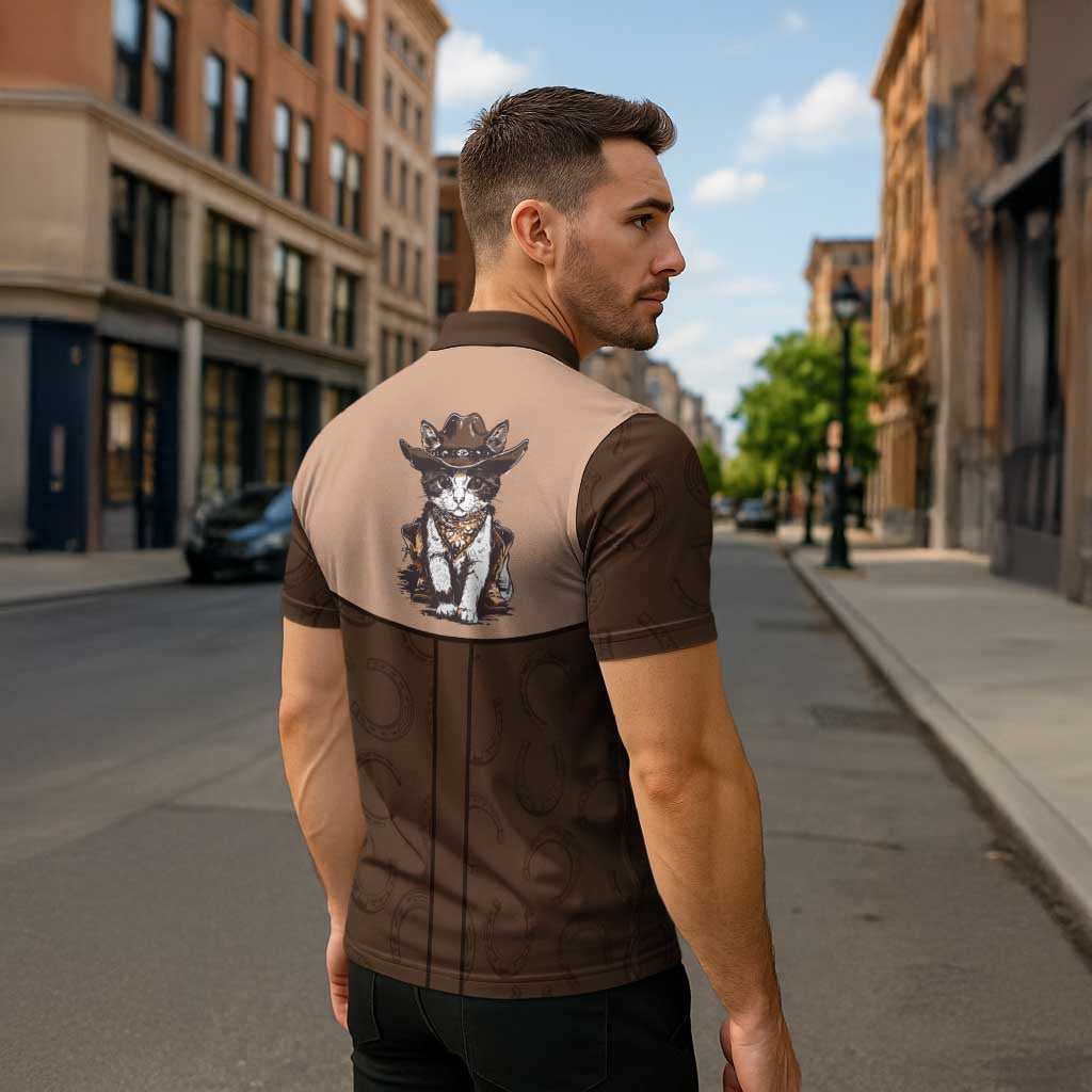 Cowcat Zipper Polo Shirt Cowboy Cat Meowdy Retro Western Yoke Brown - Wonder Print Shop