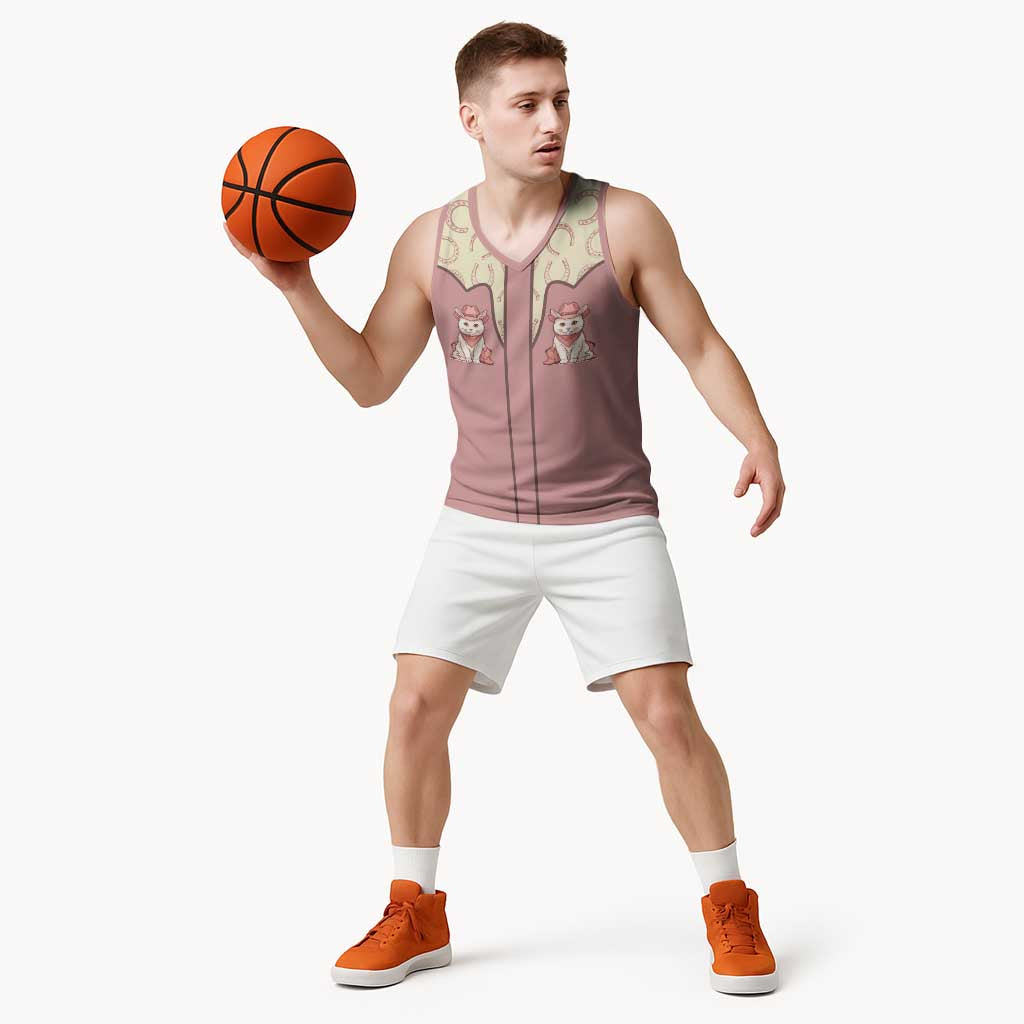 Cowcat Basketball Jersey Cowboy Cat Meowdy Retro Western Yoke Pink - Wonder Print Shop
