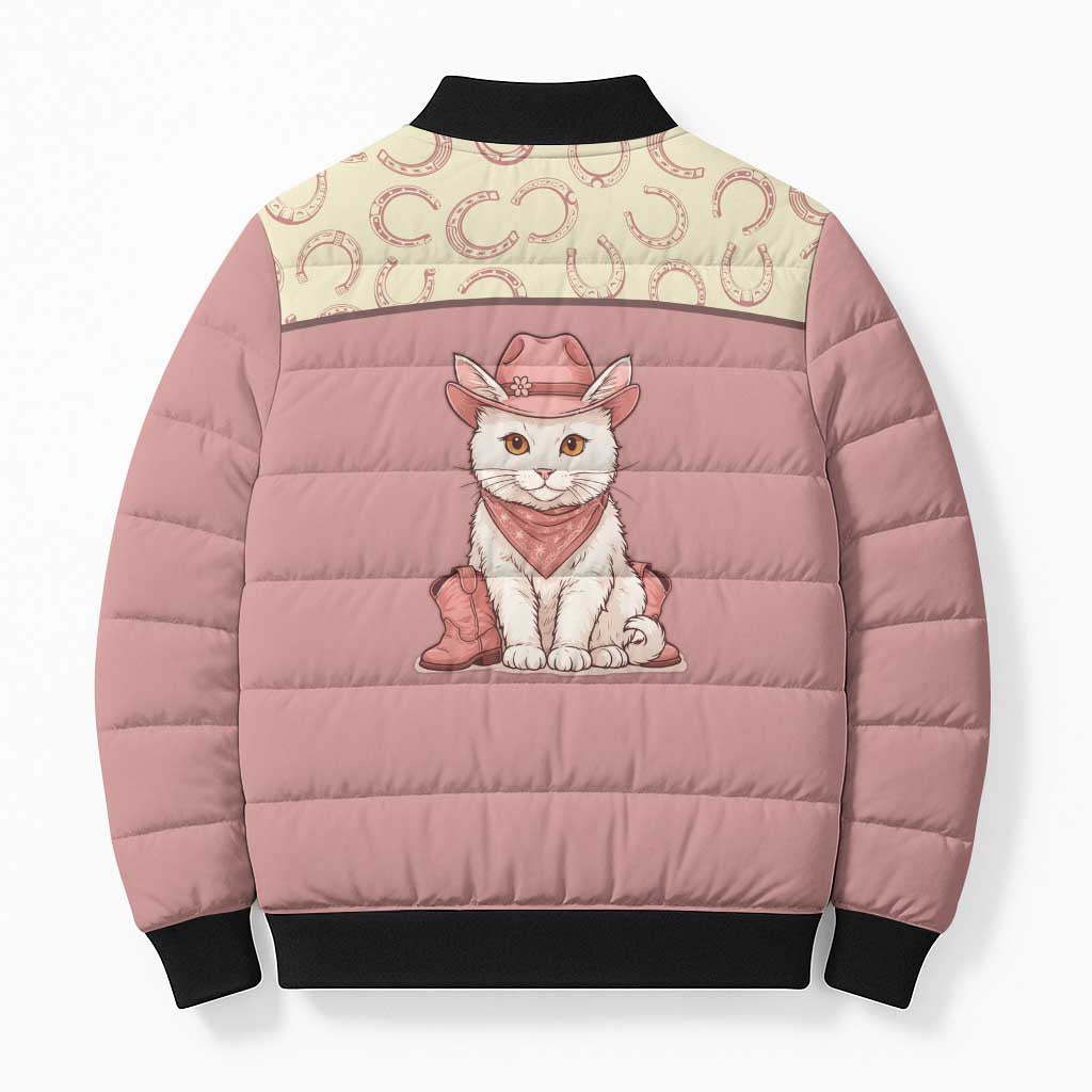 Cowcat Bomber Puffer Jacket Cowboy Cat Meowdy Retro Western Yoke Pink - Wonder Print Shop