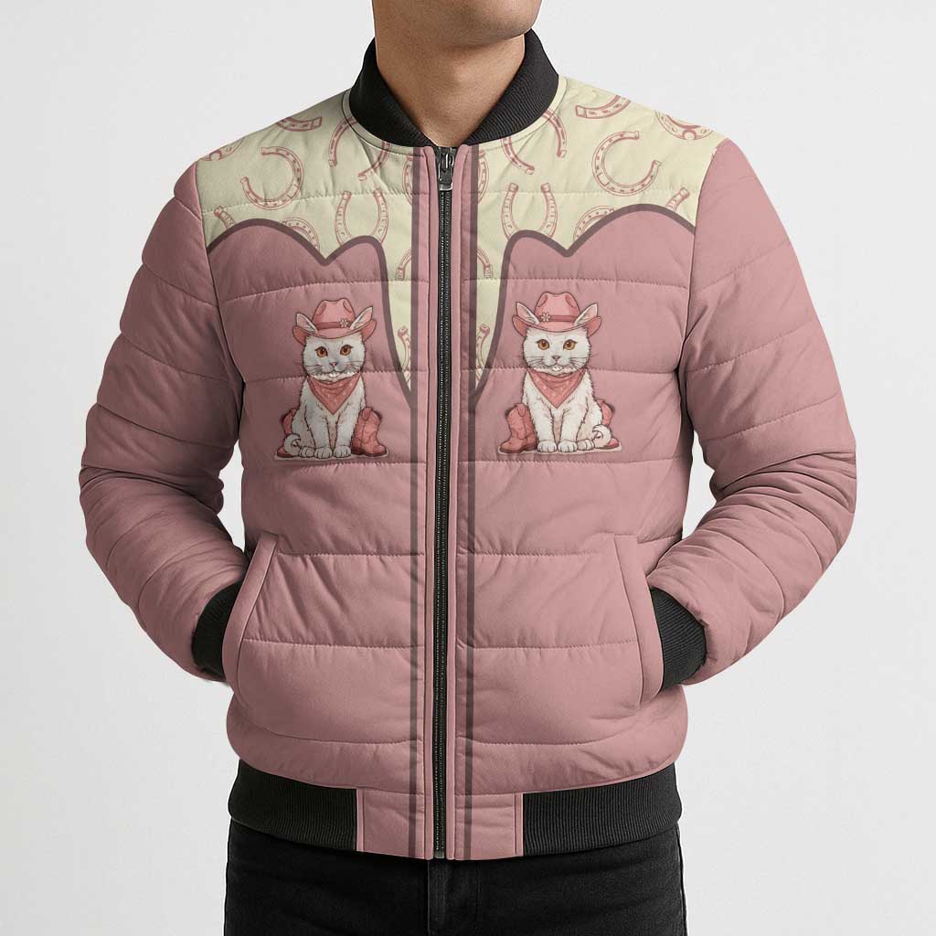 Cowcat Bomber Puffer Jacket Cowboy Cat Meowdy Retro Western Yoke Pink - Wonder Print Shop