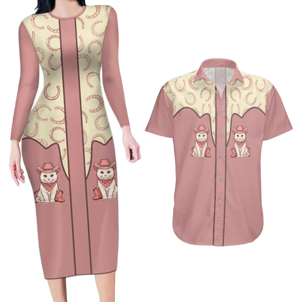 Cowcat Couples Matching Long Sleeve Bodycon Dress and Hawaiian Shirt Cowboy Cat Meowdy Retro Western Yoke Pink - Wonder Print Shop