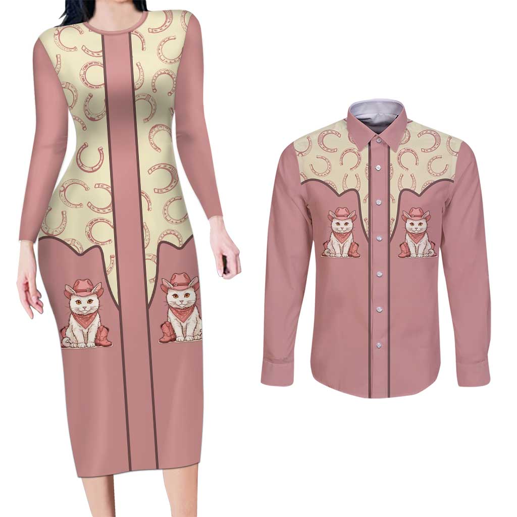 Cowcat Couples Matching Long Sleeve Bodycon Dress and Long Sleeve Button Shirt Cowboy Cat Meowdy Retro Western Yoke Pink - Wonder Print Shop