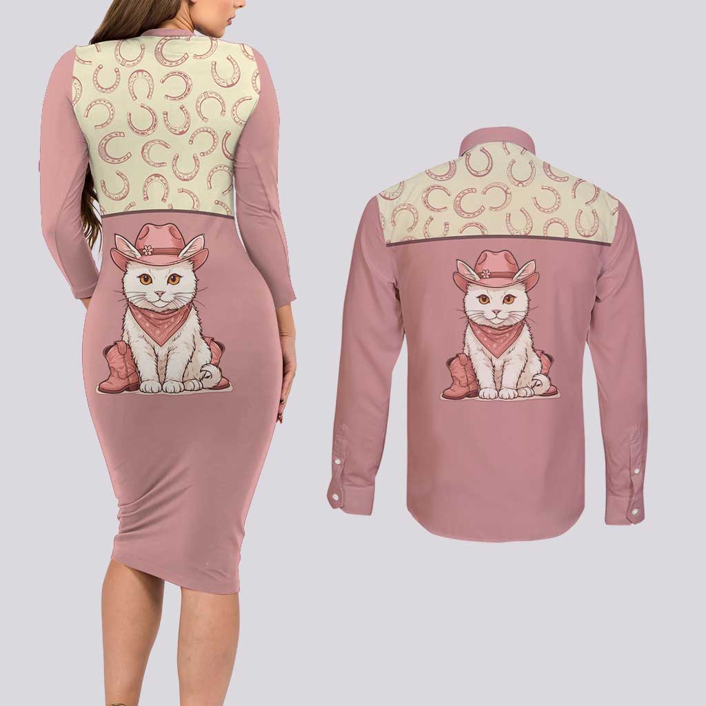 Cowcat Couples Matching Long Sleeve Bodycon Dress and Long Sleeve Button Shirt Cowboy Cat Meowdy Retro Western Yoke Pink - Wonder Print Shop