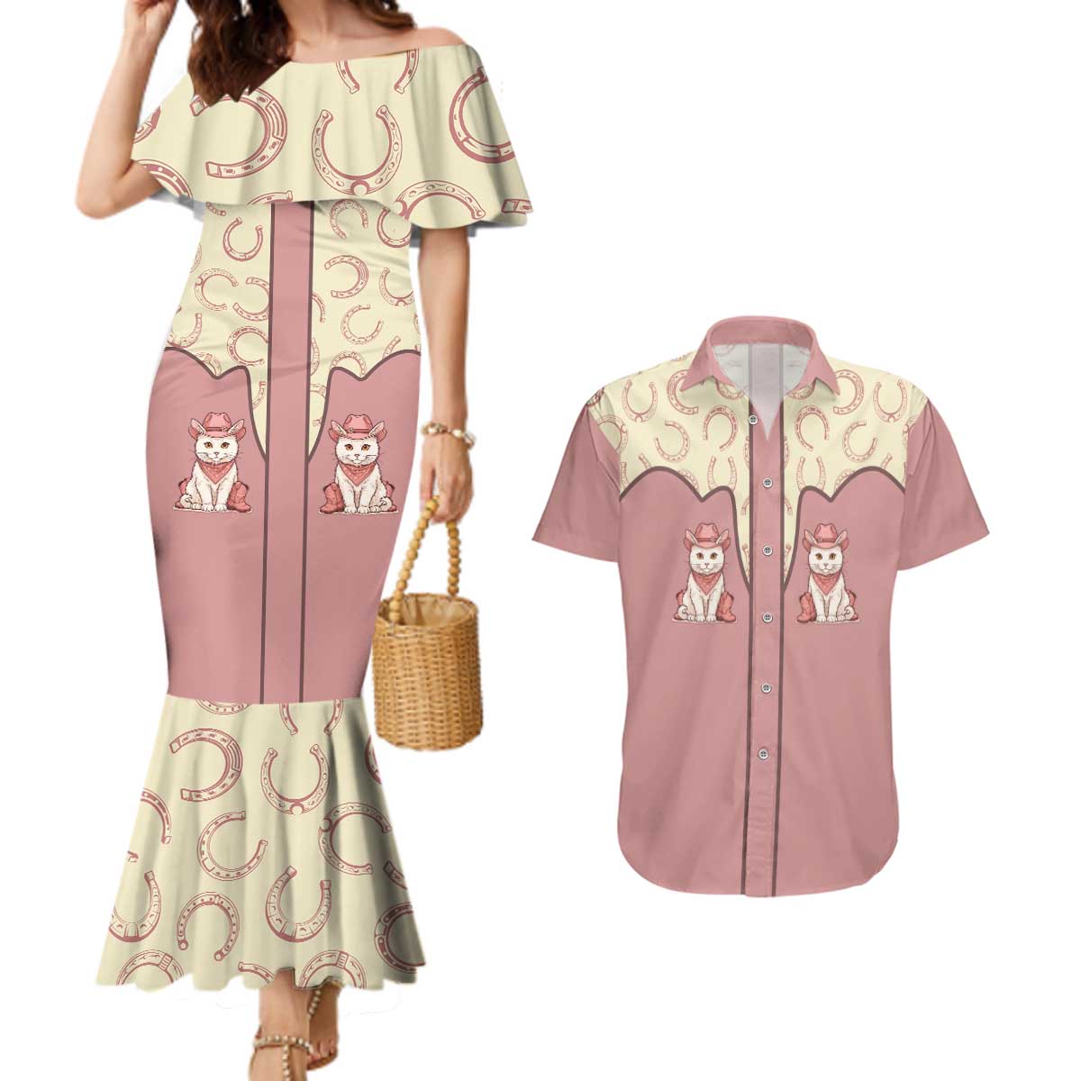 Cowcat Couples Matching Mermaid Dress and Hawaiian Shirt Cowboy Cat Meowdy Retro Western Yoke Pink - Wonder Print Shop