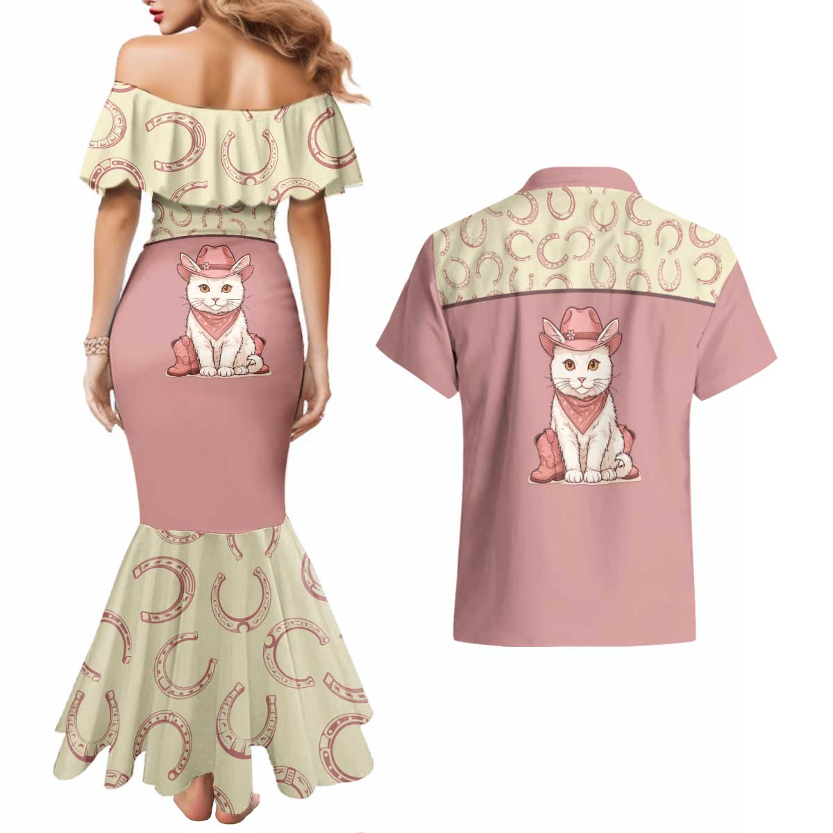 Cowcat Couples Matching Mermaid Dress and Hawaiian Shirt Cowboy Cat Meowdy Retro Western Yoke Pink - Wonder Print Shop