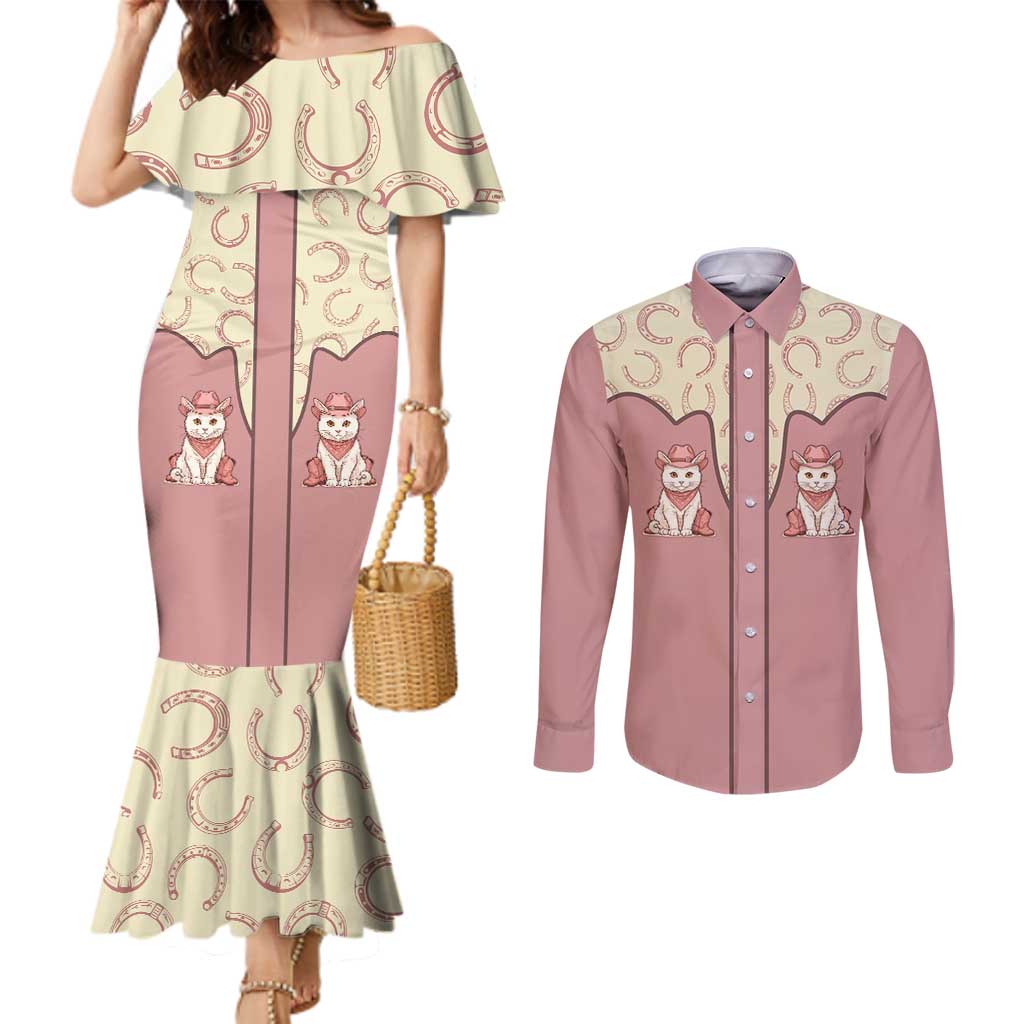 Cowcat Couples Matching Mermaid Dress and Long Sleeve Button Shirt Cowboy Cat Meowdy Retro Western Yoke Pink - Wonder Print Shop