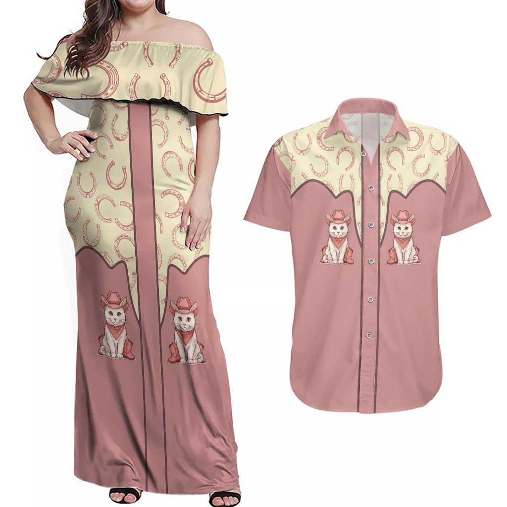 Cowcat Couples Matching Off Shoulder Maxi Dress and Hawaiian Shirt Cowboy Cat Meowdy Retro Western Yoke Pink - Wonder Print Shop