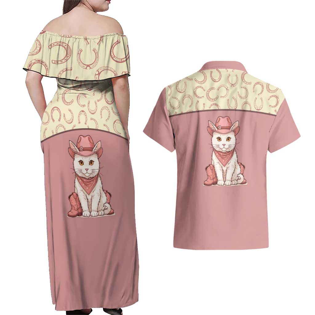 Cowcat Couples Matching Off Shoulder Maxi Dress and Hawaiian Shirt Cowboy Cat Meowdy Retro Western Yoke Pink - Wonder Print Shop