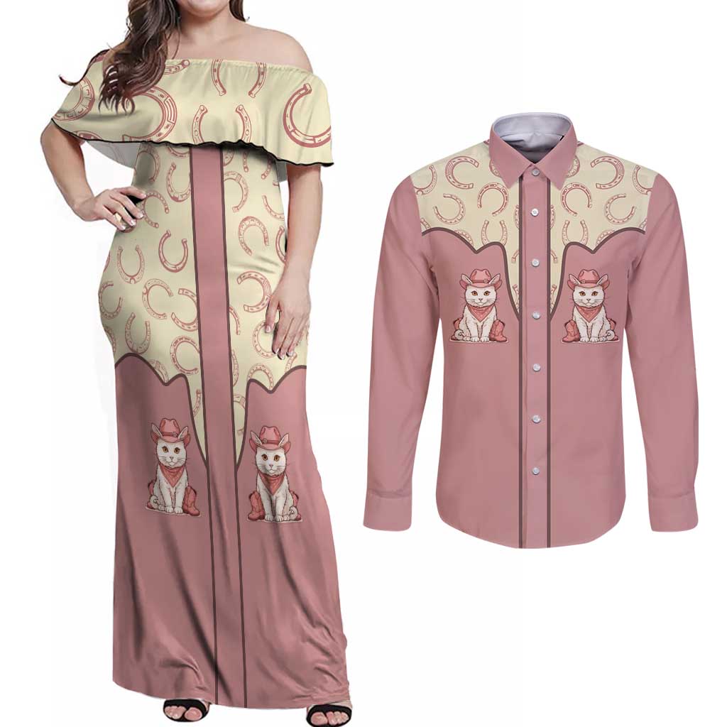 Cowcat Couples Matching Off Shoulder Maxi Dress and Long Sleeve Button Shirt Cowboy Cat Meowdy Retro Western Yoke Pink - Wonder Print Shop