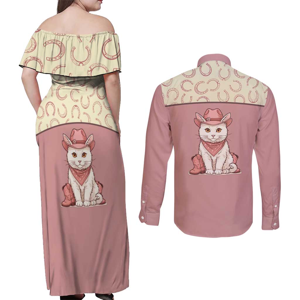 Cowcat Couples Matching Off Shoulder Maxi Dress and Long Sleeve Button Shirt Cowboy Cat Meowdy Retro Western Yoke Pink - Wonder Print Shop