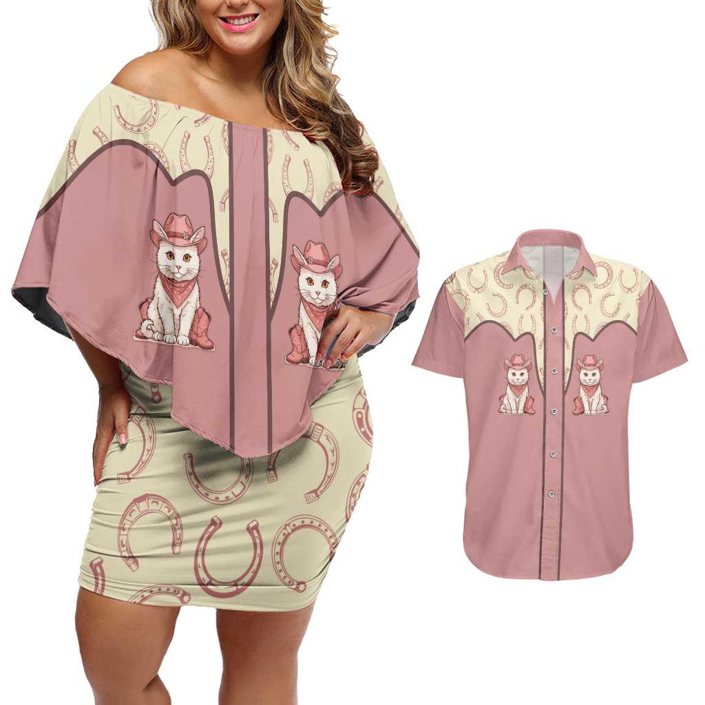 Cowcat Couples Matching Off Shoulder Short Dress and Hawaiian Shirt Cowboy Cat Meowdy Retro Western Yoke Pink - Wonder Print Shop