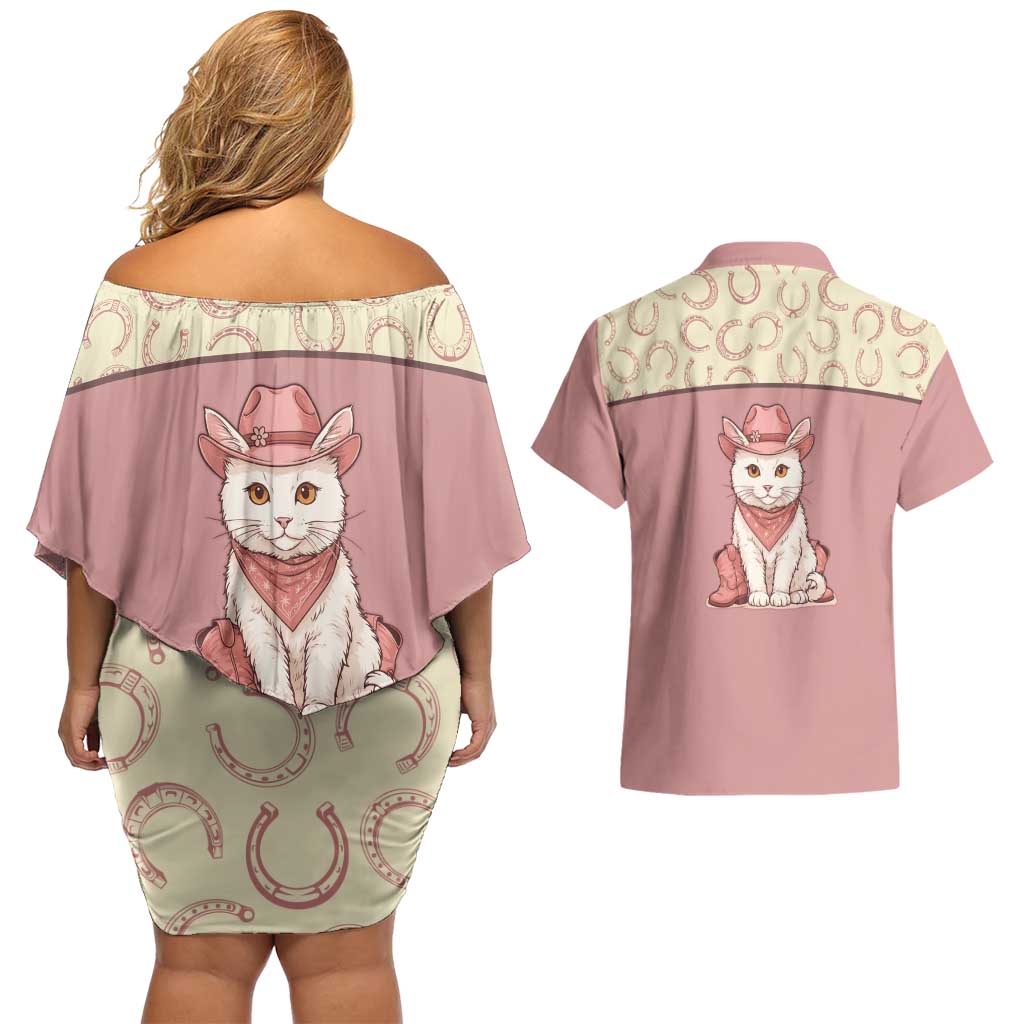 Cowcat Couples Matching Off Shoulder Short Dress and Hawaiian Shirt Cowboy Cat Meowdy Retro Western Yoke Pink - Wonder Print Shop