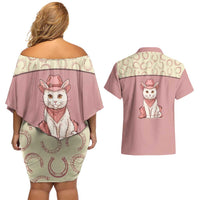 Cowcat Couples Matching Off Shoulder Short Dress and Hawaiian Shirt Cowboy Cat Meowdy Retro Western Yoke Pink - Wonder Print Shop