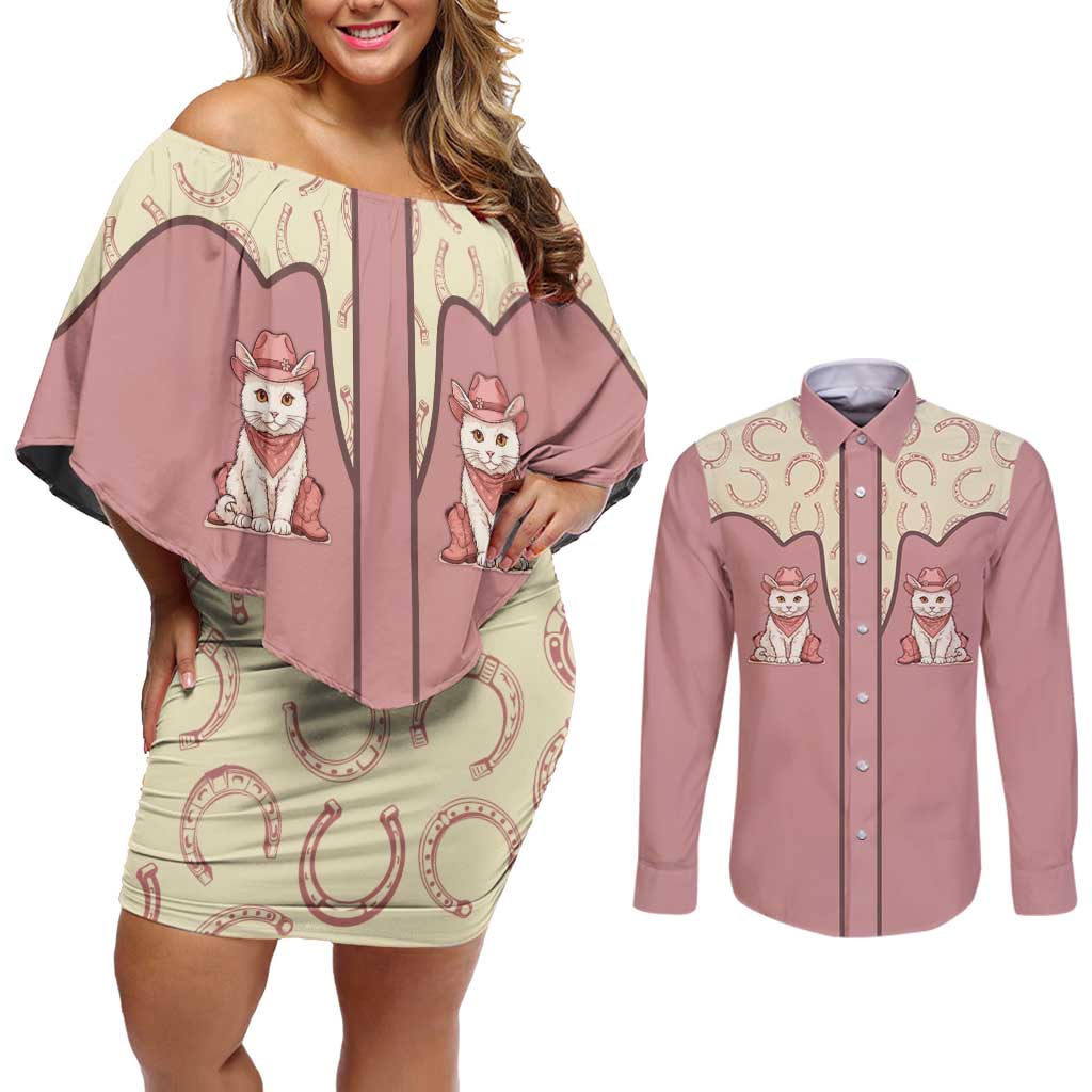 Cowcat Couples Matching Off Shoulder Short Dress and Long Sleeve Button Shirt Cowboy Cat Meowdy Retro Western Yoke Pink - Wonder Print Shop