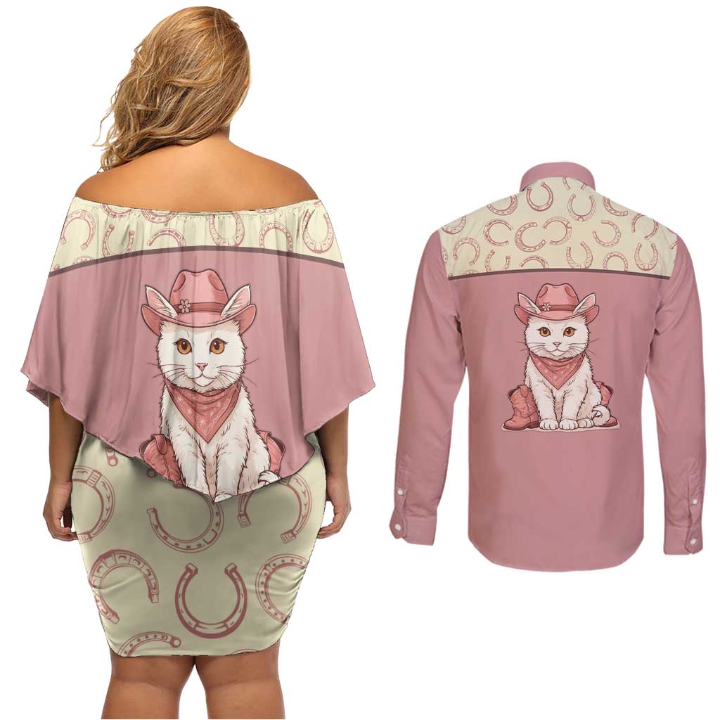 Cowcat Couples Matching Off Shoulder Short Dress and Long Sleeve Button Shirt Cowboy Cat Meowdy Retro Western Yoke Pink - Wonder Print Shop